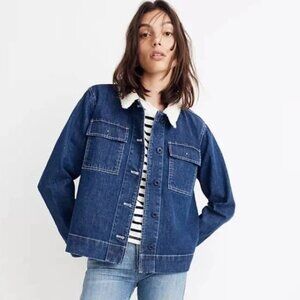Madewell Denim Northward Army Trucker Cropped Jacket Sherpa Blue Women’s Medium